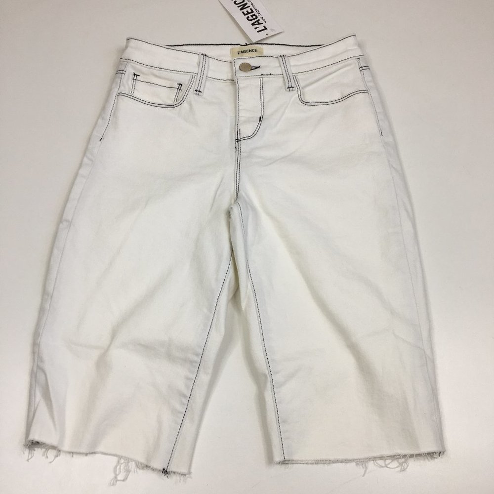 NWT L'AGENCE White Dark Blue Seam/Thread Fray Hem Denim Shorts